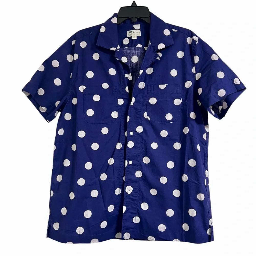 J.CREW Mens Short-sleeve Slub cotton camp collar shirt in Blue Polka Dot, Medium - Picture 2 of 12